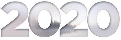 2020 with reflection of trees and water faded in background