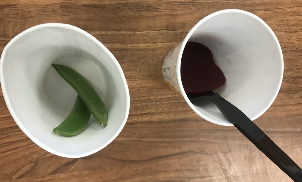 snap peas and beets in cups